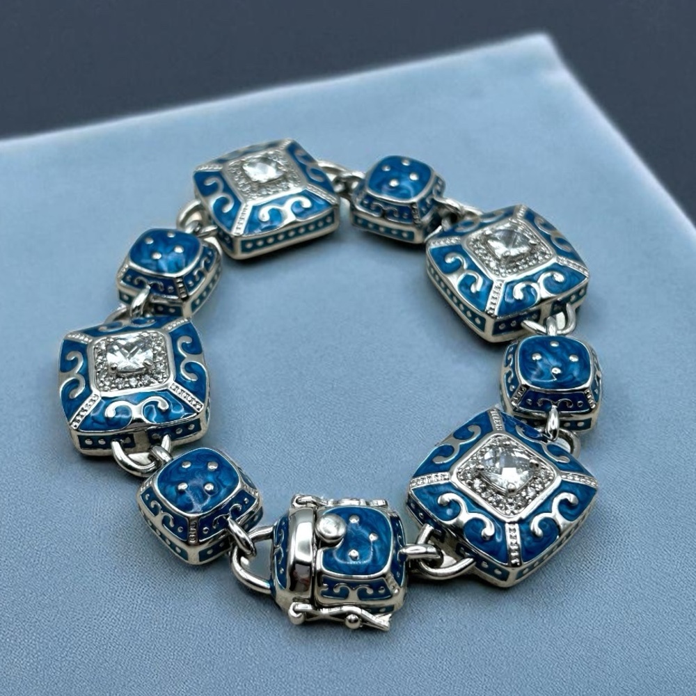 Lauren G Adams Blue Enamel Crystal Panel Bracelet 8” Large | Mandarin Style LGA